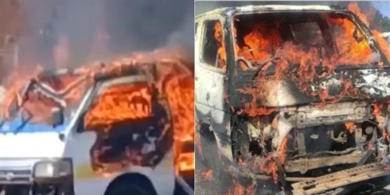 Collage of the torched 14-seater matatu.